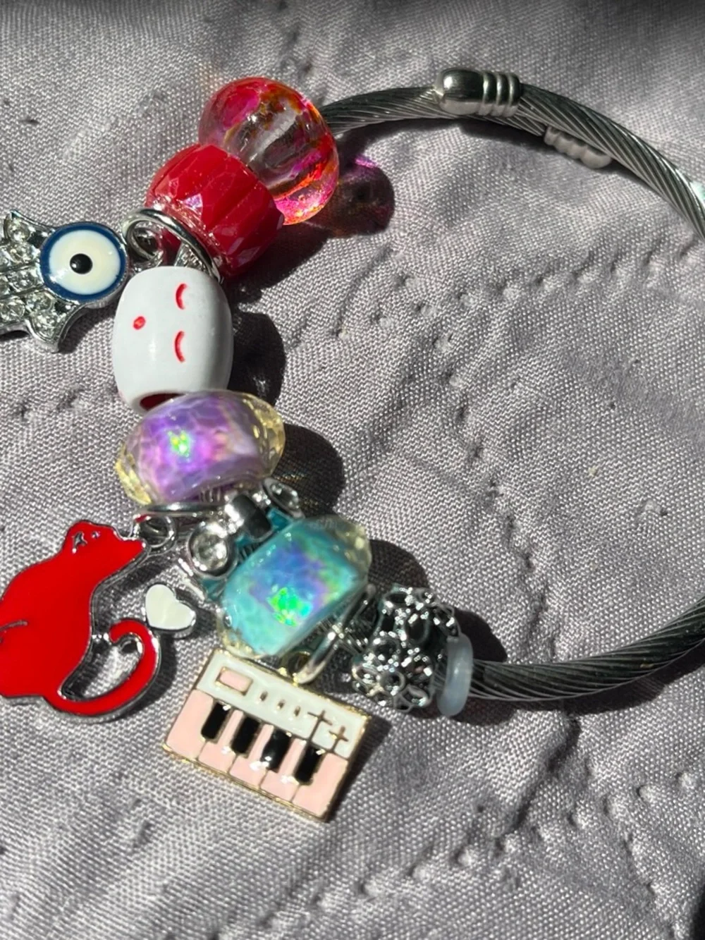 Kids Silver Charm Bracelet with Red Cat & Iridescent Beads